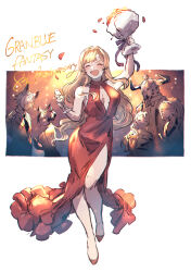 Rule 34 | :d, ^ ^, arm up, bare arms, blonde hair, blush, bouquet, breasts, character request, cleavage, cleavage cutout, closed eyes, clothing cutout, copyright name, cup, dress, earrings, evening gown, floating hair, flower, full body, granblue fantasy, high heels, highres, holding, holding bouquet, holding cup, jewelry, long hair, medium breasts, open mouth, pumps, red dress, red footwear, shimatani azu, side slit, sketch, sleeveless, sleeveless dress, smile, solo focus, standing, very long hair, zeta (granblue fantasy)