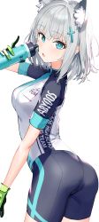Rule 34 | 1girl, absurdres, animal ears, aqua eyes, arched back, ass, bike shorts, biker clothes, bikesuit, blue archive, bodysuit, bottle, breasts, commentary, drinking, gloves, hair ornament, highres, looking at viewer, looking back, shiroko (blue archive), shiroko (cycling) (blue archive), small breasts, solo, thighs, water bottle, white hair, xkirara39x