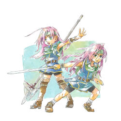Rule 34 | 2girls, back-to-back, boots, eggru, faris scherwiz, fighting stance, final fantasy, final fantasy v, green eyes, green scarf, headband, highres, holding, holding polearm, holding sword, holding weapon, long hair, multiple girls, open mouth, pirate, polearm, purple hair, sandals, scarf, spear, sword, thigh boots, weapon