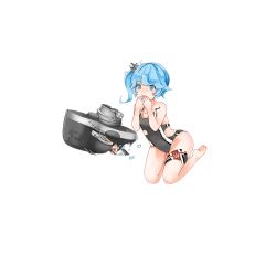 Rule 34 | 15k, 1girl, blue eyes, blue hair, blush, blush stickers, bubble, cannon, collarbone, covering own mouth, feet, floating, full body, gluteal fold, grey one-piece swimsuit, hair ornament, hand over own mouth, kneeling, machinery, matching hair/eyes, official art, one-piece swimsuit, propeller, side ponytail, solo, submarine, swimsuit, thigh strap, torn clothes, transparent background, u47 (warship girls r), warship girls r, watercraft