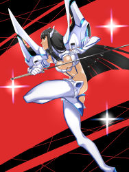Rule 34 | 1girl, absurdres, bakuzan, black hair, blue eyes, boots, breasts, closed mouth, commentary request, hands up, high heel boots, high heels, highres, holding, holding sword, holding weapon, junketsu, kamui (kill la kill), katana, kill la kill, kiryuuin satsuki, leg up, long hair, pretty-purin720, revealing clothes, sidelocks, sparkle, stomach, sword, thigh boots, thighhighs, two-tone background, weapon