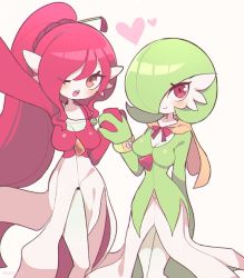 Rule 34 | 2girls, aliceyawnin, alternate color, alternate hair length, alternate hairstyle, alternate shiny pokemon, arm behind back, arm up, artist name, blush, bob cut, bracelet, braid, breasts, capelet, cleavage, colored skin, commission, creatures (company), female focus, french braid, game freak, gardevoir, gen 3 pokemon, green hair, green skin, hair ornament, hair over one eye, hair stick, hand up, heart, highres, holding hands, interlocked fingers, jewelry, jpeg artifacts, long hair, looking at viewer, looking up, medium breasts, mega stone, multicolored skin, multiple girls, necklace, nintendo, one eye closed, open mouth, orange eyes, outline, pink outline, pokemon, pokemon (creature), ponytail, red eyes, red hair, red skin, selfie, shiny skin, short hair, sidelocks, simple background, standing, teeth, twitter username, two-tone skin, very long hair, watermark, white background, white skin, yellow capelet