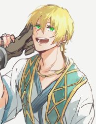 Rule 34 | 2boys, blonde hair, earrings, fate/grand order, fate (series), green eyes, hally, hand on another&#039;s cheek, hand on another&#039;s face, heracles (fate), highres, jason (fate), jewelry, male focus, multiple boys, necklace, short hair, smile, solo focus