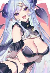 Rule 34 | 1girl, :d, arm garter, arms under breasts, black leotard, black skirt, blush, breast hold, breasts, center opening, cleavage, commentary, commission, cowboy shot, cropped, demon girl, demon tail, demon wings, ear piercing, fang, glint, hair ornament, hairclip, indie virtual youtuber, large breasts, leotard, long hair, looking at viewer, midriff, miniskirt, nail polish, navel, open mouth, parted bangs, piercing, pointy ears, purple eyes, purple nails, rakka midari, sample watermark, shuri (84k), silver hair, skeb commission, skin fang, skirt, sleeveless, smile, solo, straight hair, strapless, strapless leotard, tail, virtual youtuber, watermark, wings