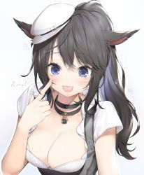 Rule 34 | 1girl, :p, animal ears, warrior of light (ff14), black hair, blue eyes, blush, breasts, cat ears, choker, cleavage, facial mark, final fantasy, final fantasy xiv, finger to face, hat, highres, jewelry, looking at viewer, medium breasts, miqo&#039;te, necklace, simple background, tongue, tongue out, upper body, white background, yana mori