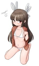 Rule 34 | 1girl, absurdres, aged down, barefoot, bikini, blunt bangs, brown eyes, brown hair, flat chest, hair ribbon, highres, hime cut, hiyou (kancolle), jacket, kantai collection, long hair, looking at viewer, maru (marg0613), one-hour drawing challenge, open clothes, open jacket, orange jacket, ribbon, seiza, sidelocks, simple background, sitting, solo, swimsuit, white background, white bikini, white ribbon