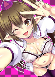 Rule 34 | 1girl, blush, bra, breasts, brown eyes, brown hair, cleavage, collarbone, covered erect nipples, fingernails, from above, hat, himekaidou hatate, kondou ryunosuke, looking at viewer, looking up, navel, one eye closed, open clothes, open mouth, open shirt, outstretched arm, panties, pointy ears, puffy short sleeves, puffy sleeves, purple thighhighs, reaching, reaching towards viewer, see-through, selfie, shiny skin, shirt, short sleeves, sidelocks, skindentation, smile, solo, striped bra, striped clothes, striped panties, thigh gap, thighhighs, tokin hat, touhou, twintails, underwear, v, white bra, white panties, white shirt