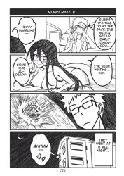 Rule 34 | 1boy, 1girl, 4koma, apartment, ass, bed sheet, black hair, blush, breasts, clothed male nude female, come hither, comic, earth (planet), english text, glasses, greyscale, large breasts, long hair, meme, meteor, monochrome, moon, naked sheet, no nipples, nude, original, peach88, planet, scar, scar on arm, spiked hair, they had lots of sex afterwards (meme), towel, towel around neck
