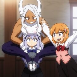 Rule 34 | 3girls, :d, angora rabbit, animal, animal on head, arms up, bare arms, bare shoulders, black skirt, blue bow, blue eyes, blue hair, blue vest, blurry, blurry background, blush stickers, boku no hero academia, bow, brown hair, closed mouth, collared shirt, commentary request, crossover, dark-skinned female, dark skin, day, depth of field, dress shirt, forehead, frilled sleeves, frills, gloves, gochuumon wa usagi desu ka?, grin, hair between eyes, hair ornament, hairclip, hands on another&#039;s shoulders, hoto cocoa, indoors, kafuu chino, long hair, long sleeves, mirko, multiple girls, on head, open mouth, parted bangs, pink vest, puffy long sleeves, puffy sleeves, purple eyes, purple thighhighs, rabbit, rabbit house uniform, red bow, red eyes, shirosato, shirt, skirt, sleeves past wrists, smile, sunlight, thighhighs, tippy (gochiusa), very long hair, vest, waitress, white gloves, white hair, white shirt, window, x hair ornament