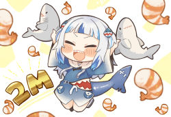 Rule 34 | 1girl, :d, blue hair, blunt bangs, blush stickers, chibi, closed eyes, commentary, dated commentary, drawstring, fins, fish tail, gawr gura, highres, hololive, hololive english, long sleeves, milestone celebration, multicolored hair, open mouth, same anko, shark, shark tail, sharp teeth, shrimp, simple background, smile, solo, streaked hair, tail, teeth, two-tone hair, two side up, virtual youtuber, white background, white hair, wide sleeves