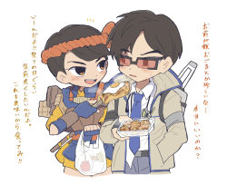 Rule 34 | 1boy, 1girl, animification, apex legends, black gloves, blue gloves, blush, box, brown hair, brown jacket, collared shirt, crypto (apex legends), egg (food), fingerless gloves, food, fried egg, gloves, grey pants, hair behind ear, hand in pocket, headband, highres, holding, holding box, inconspicuous crypto, jacket, nojima minami, official alternate costume, omatsuri fury valkyrie, pants, shirt, sunglasses, takoyaki, valkyrie (apex legends)