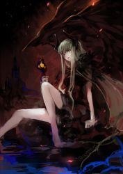 Rule 34 | 1girl, c.c., castle, code geass, cosplay, creayus, fake horns, green hair, horned headwear, horns, legs, maleficent, maleficent (cosplay), night, outdoors, partially submerged, solo, water, wings, witch, yellow eyes