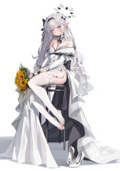 Rule 34 | 1girl, absurdres, bare shoulders, black hairband, blue archive, blush, bouquet, closed mouth, earrings, feet, flower, full body, grey hair, grey halo, hair ornament, hairband, halo, high heels, highres, himari (blue archive), holding, holding bouquet, jewelry, leviathan (hikinito0902), long hair, looking at viewer, off shoulder, pointy ears, purple eyes, simple background, sitting, smile, solo, thighhighs, thighs, toes, unworn footwear, white background, white footwear, white thighhighs