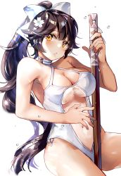 Rule 34 | 1girl, azur lane, black hair, bokken, bow, breasts, casual one-piece swimsuit, cleavage, clothing cutout, cowboy shot, criss-cross halter, hair flaps, halterneck, large breasts, long hair, navel cutout, one-piece swimsuit, ponytail, ribbon, simple background, sitting, solo, swimsuit, sword, takao (azur lane), takao (beach rhapsody) (azur lane), tatara maguro, weapon, white background, white bow, white ribbon, white one-piece swimsuit, wooden sword