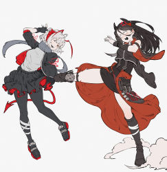 Rule 34 | 2girls, absurdres, ahoge, anger vein, angry, antennae, arknights, bare shoulders, black footwear, black gloves, black hair, black jacket, black pantyhose, black skirt, black sleeves, black thighhighs, chisato and takina kicking each other&#039;s butt (meme), demon girl, demon horns, detached sleeves, closed eyes, fanfanfanlove, fingerless gloves, full body, gloves, grey scarf, grey shirt, highres, horns, ines (arknights), jacket, kicking, long hair, long sleeves, meme, multiple girls, nail polish, pantyhose, parody, red nails, scar, scar on arm, scarf, shirt, shoes, short hair, simple background, skirt, sleeves past elbows, standing, standing on one leg, thighhighs, w (arknights), white background