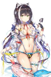 Rule 34 | 1girl, absurdres, alternate costume, animal ears, bare shoulders, bikini, black bikini, black gloves, black hair, blue bow, bow, breasts, bridal garter, cat ears, choker, cleavage, cup, drinking glass, earrings, extra ears, flower, gloves, green eyes, hair bow, hand up, headdress, highres, holding, innertube, jacket, jewelry, karyl (princess connect!), kiriko (araragikoyomi), large breasts, lemon print, long hair, looking at viewer, mismatched bikini, multicolored hair, navel, off shoulder, open clothes, open jacket, partially fingerless gloves, princess connect!, ribbon, rose, sidelocks, simple background, single glove, smile, solo, split mouth, standing, stomach, swim ring, swimsuit, two-tone hair, very long hair, white background, white bikini, white hair, white jacket, wrist cuffs, yellow ribbon