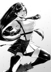 Rule 34 | 1girl, bare shoulders, bike shorts, black hair, black skirt, black thighhighs, boots, breasts, clenched hand, crop top, detached sleeves, earrings, fighting stance, final fantasy, final fantasy vii, final fantasy vii remake, fingerless gloves, gloves, greyscale, highres, jewelry, large breasts, long hair, looking at viewer, low-tied long hair, midriff, monochrome, mugetsu2501, navel, open mouth, skirt, solo, suspender skirt, suspenders, tank top, thighhighs, tifa lockhart