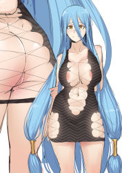 Rule 34 | 1girl, areola slip, arms behind back, ass, azura (fire emblem), back, bare shoulders, blue hair, breasts, center opening, cleavage, closed mouth, collarbone, dress, fire emblem, grabbing own arm, hair between eyes, highres, hip vent, large breasts, long hair, multiple views, navel, nintendo, no bra, no panties, pussy, revealing clothes, skindentation, smile, solo, stomach, stormcow, thigh gap, thighs, very long hair, yellow eyes