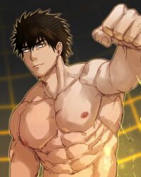 Rule 34 | 1boy, abs, ao isami, bara, black hair, facial hair, highres, incoming fist bump, large pectorals, male focus, meiji (meiji nsfw), muscular, muscular male, navel, nipples, nude, official alternate hairstyle, outstretched arm, pectorals, reaching, reaching towards viewer, sanpaku, shredded muscles, sideburns stubble, solo, stomach, stubble, thick eyebrows, tsurime, upper body, yuuki bakuhatsu bang bravern