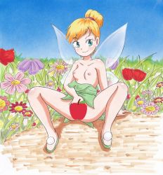 Rule 34 | 1girl, apple, arm support, blonde hair, blue eyes, blush, breasts, censored, clothes lift, clothes pull, collarbone, disney, dress, dress lift, dress pull, fairy, fairy wings, flower, food, fruit, grass, green dress, green footwear, hair bun, looking to the side, marup, nipples, no panties, novelty censor, peter pan (disney), pom pom (clothes), shoes, single hair bun, sitting, sky, small breasts, smile, strapless, strapless dress, tinker bell (disney), wings