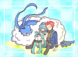 Rule 34 | altaria, blue eyes, blue hair, blush, boots, breasts, clair (pokemon), cousins, creatures (company), game freak, gen 3 pokemon, gloves, gym leader, lance (pokemon), nintendo, pokemon, pokemon (creature), red hair, sleeping