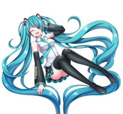 Rule 34 | 1girl, ;d, absurdly long hair, between breasts, black footwear, black skirt, black sleeves, blue eyes, blue hair, blue necktie, boots, breasts, breasts apart, collared shirt, detached sleeves, floating hair, full body, hand in own hair, hatsune miku, headphones, headset, long hair, long sleeves, looking at viewer, medium breasts, microphone, miniskirt, necktie, necktie between breasts, nekoyanagi reo, one eye closed, open mouth, pleated skirt, shiny clothes, shirt, simple background, skirt, sleeveless, sleeveless shirt, smile, solo, thigh boots, thighhighs, very long hair, vocaloid, white background, white shirt, wing collar