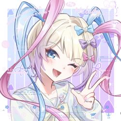 Rule 34 | 1girl, ;d, bai qi ye liu, blonde hair, blue bow, blue eyes, blue hair, blush, bow, chinese commentary, chouzetsusaikawa tenshi-chan, commentary request, hair bow, hand up, long hair, long sleeves, looking at viewer, multicolored hair, needy girl overdose, one eye closed, open mouth, pink bow, pink hair, purple bow, purple hair, quad tails, sailor collar, sample watermark, smile, solo, upper body, w, watermark