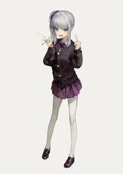 Rule 34 | 1girl, absurdres, between fingers, black cardigan, blue eyes, bow, bowtie, cardigan, cigarette, full body, grey hair, highres, holding, holding cigarette, loafers, long hair, long sleeves, looking at viewer, middle finger, miniskirt, open mouth, original, pantyhose, pleated skirt, purple bow, purple bowtie, purple skirt, shoes, side ponytail, sidelocks, skirt, smoke, solo, standing, v-shaped eyebrows, white pantyhose, yoon cook
