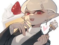 Rule 34 | 1girl, black suit, cake, commentary request, dangle earrings, earrings, eating, eyelashes, food, fork, formal, heart, highres, holding, holding fork, inkling, inkling girl, inkling player character, jewelry, looking at viewer, nintendo, open mouth, pointy ears, prat rat, red eyes, shirt, short hair, solo, splatoon (series), splatoon 3, strawberry shortcake, suit, tentacle hair, upper body, white background, white shirt