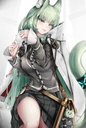 Rule 34 | 1girl, :p, absurdres, animal ear fluff, animal ears, arknights, black skirt, breasts, cape, cardigan, cat ears, cat tail, commentary request, cowboy shot, green eyes, green hair, grey cardigan, harmonie (arknights), highres, infection monitor (arknights), large breasts, long hair, long sleeves, looking at viewer, miniskirt, nopetroto, pleated skirt, skirt, solo, tail, thighs, tongue, tongue out, very long hair, white cape