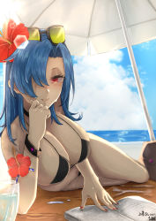 Rule 34 | 1girl, absurdres, alternate costume, alternate hairstyle, beach, bikini, blue hair, book, bracelet, breasts, cleavage, drink, drinking straw, flower, hair over one eye, highres, jewelry, large breasts, long hair, lying, nail polish, on side, red eyes, red nails, scar, see-through, skullgirls, smile, sunglasses, sunglasses on head, swimsuit, symbol-shaped pupils, tge dilemma, towel, umbrella, valentine (skullgirls)