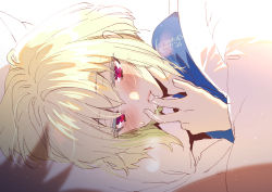Rule 34 | 1boy, blonde hair, blush, finger sucking, green hair, kisekisaki, lio fotia, lips, looking at viewer, lying, male focus, on side, promare, purple eyes, red eyes, saliva, saliva trail, solo, trap, under covers
