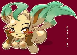 Rule 34 | 2007, :3, artist name, blush stickers, breasts, chalosan, closed mouth, creatures (company), dated, furry, game freak, gen 4 pokemon, green hair, head rest, leafeon, light smile, looking at viewer, nintendo, nipples, nude, orange eyes, outline, pokemon, raised eyebrow, simple background, smile, tail