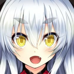 Rule 34 | 1girl, blush, close-up, commentary request, dot nose, eyebrows, fang, hair between eyes, looking at viewer, open mouth, original, solo, tirotata, white hair, yellow eyes
