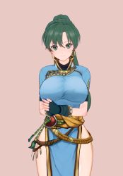 Rule 34 | 1girl, 3d, bad id, bad pixiv id, belt, boots, breasts, closed mouth, commentary request, cowboy shot, earrings, fingerless gloves, fire emblem, fire emblem: the blazing blade, fire emblem heroes, full body, gloves, green eyes, green hair, highres, jewelry, knee boots, lips, looking at viewer, lyn (fire emblem), medium breasts, nintendo, own hands together, pelvic curtain, pink background, ponytail, short sleeves, simple background, solo, standing, thighs, uck-eck-uck, upper body