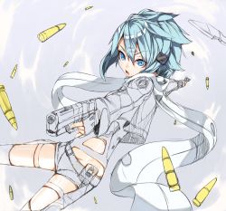Rule 34 | 10s, 1girl, bad id, bad pixiv id, blue eyes, bullet, dual wielding, foreshortening, gun, hair ornament, hairclip, handgun, highres, holding, kame^^, open mouth, partially colored, scarf, short hair, short shorts, shorts, sinon, sketch, solo, sword art online, weapon