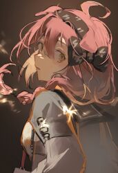 Rule 34 | 1girl, ahoge, animal ears, arknights, black bow, black hairband, blurry, bow, braid, brown background, cat ears, cat girl, goldenglow (arknights), grey jacket, hair between eyes, hair bow, hairband, highres, jacket, light particles, long hair, long sleeves, looking at viewer, mi1i 11, motion blur, one-hour drawing challenge, parted lips, pink hair, sketch, solo, upper body, yellow eyes