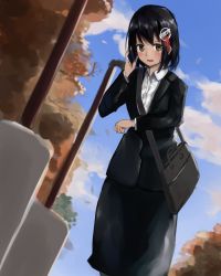 Rule 34 | 1girl, 73suke, absurdres, alternate costume, autumn, bag, black hair, black suit, blouse, blue sky, bob cut, brown eyes, cellphone, cloud, commentary request, day, formal, from below, haguro (kancolle), hair ornament, handbag, highres, kantai collection, lamppost, looking at viewer, outdoors, pantyhose, pencil skirt, phone, shirt, short hair, skirt, skirt suit, sky, smartphone, solo, suit, talking on phone, tree, white shirt