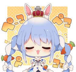 Rule 34 | 1girl, animal ear fluff, animal ears, black gloves, black leotard, blue hair, blush, bow, braid, carrot hair ornament, chibi, closed eyes, commentary request, crown, detached sleeves, don-chan (usada pekora), dress, facing viewer, food-themed hair ornament, fur-trimmed gloves, fur trim, gloves, hair between eyes, hair bow, hair ornament, hands on own hips, hololive, leotard, mini crown, multicolored hair, muuran, outline, polka dot, polka dot background, puffy short sleeves, puffy sleeves, rabbit ears, short eyebrows, short sleeves, solo, sparkle, strapless, strapless dress, strapless leotard, thick eyebrows, translation request, twin braids, twintails, twitter username, two-tone hair, usada pekora, usada pekora (1st costume), virtual youtuber, white bow, white dress, white hair, white outline, white sleeves