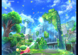 Rule 34 | arm up, artist name, blue sky, building, chain-link fence, city, cloud, commentary request, copy ability, day, facing away, falling petals, fence, flower, from behind, grass, green hat, hat, holding, holding sword, holding weapon, kirby, kirby (series), kirby and the forgotten land, moss, ninjya palette, nintendo, no humans, outdoors, overgrown, petals, pillarboxed, pixiv id, post-apocalypse, power lines, running, scenery, sky, skyscraper, solo, sun, sword, sword kirby, tree, twitter username, utility pole, watermark, weapon