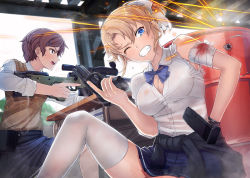 Rule 34 | 2girls, ai arctic warfare, bandages, battle, blonde girl (itou), blonde hair, blood, blue eyes, bolt action, bra, breasts, casing ejection, cleavage, clenched teeth, gun, hair ribbon, handgun, itou (onsoku tassha), large breasts, legs, lingerie, locked slide, magazine (weapon), magazine ejection, multiple girls, original, panties, pantyshot, pistol, ponytail, redrawn, reloading, revision, ribbon, rifle, school uniform, scope, shell casing, sig sauer, sig p220/p226, sitting, sniper rifle, sweat, sweater vest, teeth, thighhighs, torn clothes, trigger discipline, unbuttoned, underwear, weapon, wince