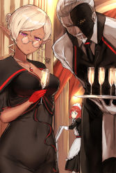 Rule 34 | 1boy, 2girls, alcohol, apron, black dress, blonde hair, blue eyes, bowing, breasts, butler, cecilia (pixiv fantasia last saga), champagne, champagne flute, cleavage, covered navel, cup, dark-skinned female, dark skin, dress, drinking glass, elf, fidelio (pixiv fantasia last saga), glasses, gloves, highres, indoors, janet moin, jewelry, looking at viewer, maid, maid apron, maid headdress, multiple girls, necklace, pixiv fantasia, pixiv fantasia last saga, poco (backboa), pointy ears, purple eyes, red gloves, red hair, standing, sweatdrop, white gloves, white hair