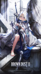 Rule 34 | 1girl, blonde hair, blue eyes, brown dust 2, cloak, copyright name, highres, justia (brown dust), leg armor, official art, official wallpaper, short hair, single barefoot, sitting, solo, sword, weapon
