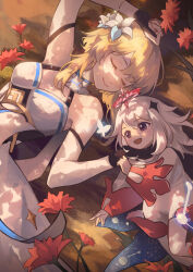 Rule 34 | 2girls, :d, absurdres, autumn leaves, bare shoulders, blonde hair, blush, breasts, clover print, constellation print, detached sleeves, dress, feather hair ornament, feathers, flower, genshin impact, gloves, hair between eyes, hair flower, hair ornament, halo, highres, holding hands, kano sakiko, lily (flower), lumine (genshin impact), lying, medium breasts, multiple girls, on back, open mouth, paimon (genshin impact), partially fingerless gloves, short hair with long locks, single thighhigh, smile, thighhighs, white dress, white flower, white hair