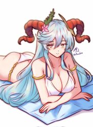 Rule 34 | 1girl, armlet, artist name, ass, bikini, breasts, fire emblem, fire emblem heroes, flower, freyja (fire emblem), goat horns, hair flower, hair ornament, highres, horns, large breasts, long hair, looking at viewer, lying, nintendo, official art, on stomach, red eyes, rotomdocs, solo, swimsuit, towel, white bikini, white hair