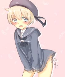Rule 34 | 10s, 1girl, amaou (rin 0107), bad id, bad pixiv id, bare legs, blonde hair, blue dress, blue eyes, blush, clothes writing, crying, crying with eyes open, dress, dress tug, feathers, hat, highres, kantai collection, long sleeves, looking at viewer, neckerchief, open mouth, panties, pink background, sailor collar, sailor dress, sailor hat, short hair, side-tie panties, solo, tears, underwear, white panties, z1 leberecht maass (kancolle)