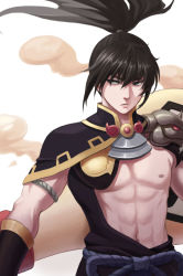 Rule 34 | 1boy, abs, armor, bei ju luoxuan wan, black eyes, black hair, closed mouth, cosplay, cosplay request, floating hair, gintama, highres, hijikata toshizou, hijikata toushirou, japanese clothes, lips, long hair, looking to the side, magatama, male focus, muscular, navel, nipples, onmyoji, pauldrons, pectorals, ponytail, rope, sash, shoulder armor, simple background, smoke, solo, stomach, upper body, white background