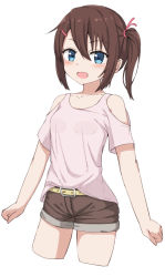 Rule 34 | 1girl, :d, arms at sides, bare shoulders, belt, belt buckle, blue eyes, blush, breasts, brown hair, brown shorts, buckle, clothing cutout, cropped legs, hair between eyes, hair ornament, hairclip, highres, looking at viewer, open mouth, original, pink shirt, shirt, short shorts, short sleeves, shorts, shoulder cutout, side ponytail, sidelocks, simple background, small breasts, smile, solo, takasuma hiro, white background, yellow belt