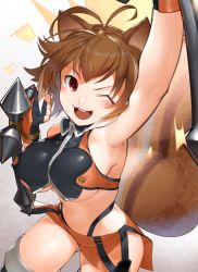 Rule 34 | 1girl, ;d, akisa yositake, animal ears, antenna hair, armpits, arms up, bare shoulders, black panties, black shirt, black thighhighs, blazblue, blush, breasts, brown eyes, brown hair, clenched hand, collared shirt, commentary, cowboy shot, crop top, fingerless gloves, gloves, gluteal fold, hair between eyes, highleg, highleg panties, large breasts, looking at viewer, makoto nanaya, midriff, multicolored hair, navel, one eye closed, open mouth, orange shirt, orange skirt, panties, revealing clothes, shirt, short hair, sidelocks, skirt, smile, solo, squirrel ears, squirrel tail, standing, standing on one leg, tail, teeth, thighhighs, tonfa, two-tone hair, two-tone shirt, underboob, underwear, upper teeth only, weapon
