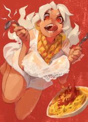 Rule 34 | 1girl, @ @, copyright request, food, fork, highres, holding, holding fork, holding spoon, khyle., licking lips, long hair, noodles, open mouth, pasta, plate, red background, red eyes, sauce, see-through, shirt, solo, spaghetti, spoon, tongue, tongue out, white hair, white shirt
